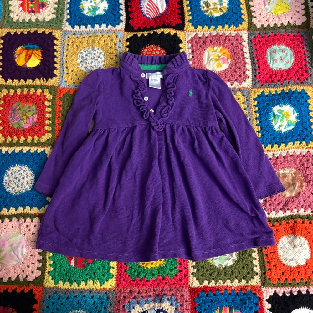 Ralph Lauren Girls Purple Ruffle Long Sleeve Polo Dress 18M Pique‎ Cotton